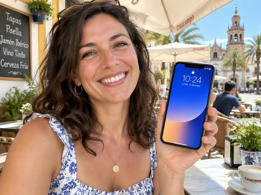 Clienta sonriente mostrando su móvil reparado