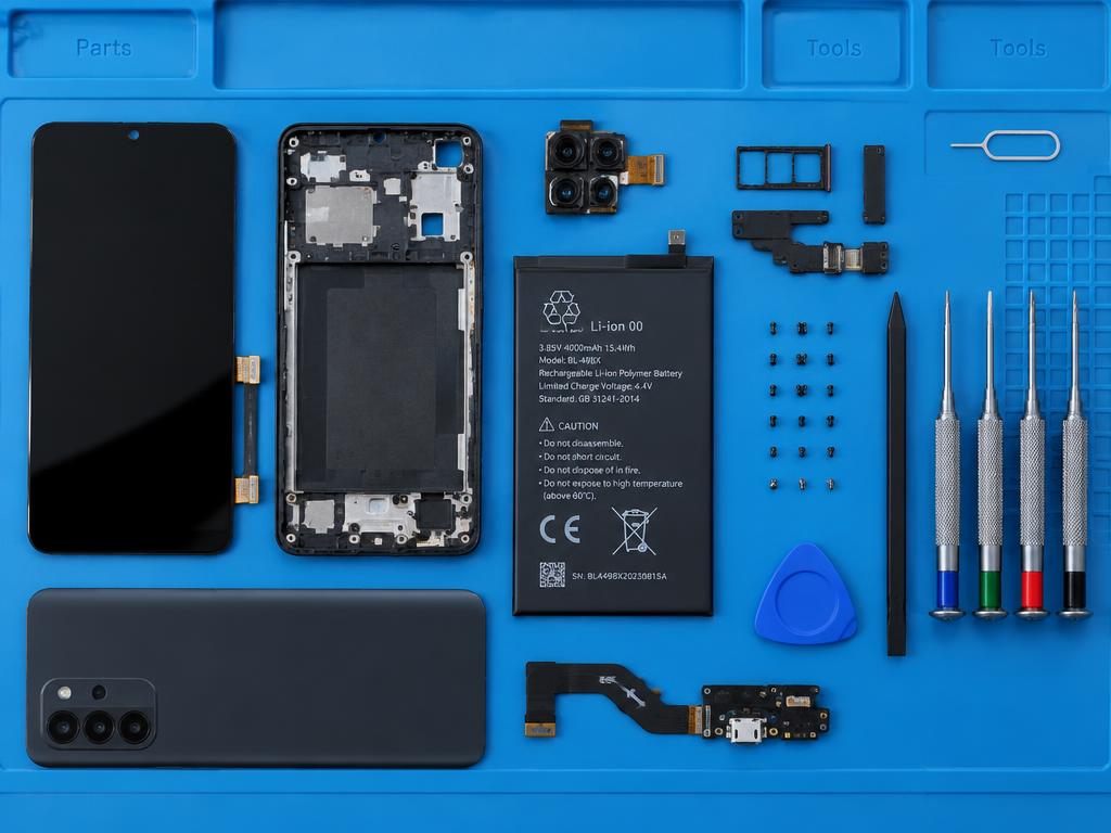 Piezas de recambio de un smartphone sobre una alfombrilla