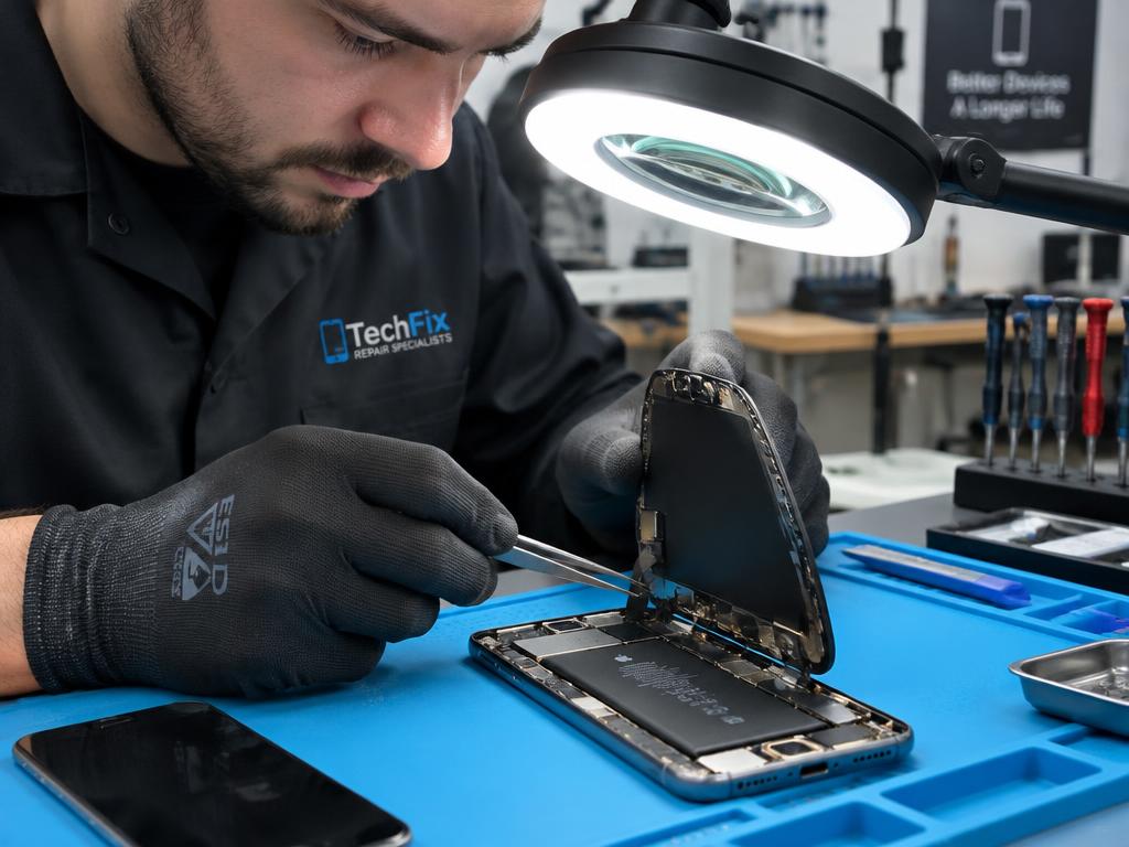 Técnico sustituyendo la pantalla de un smartphone