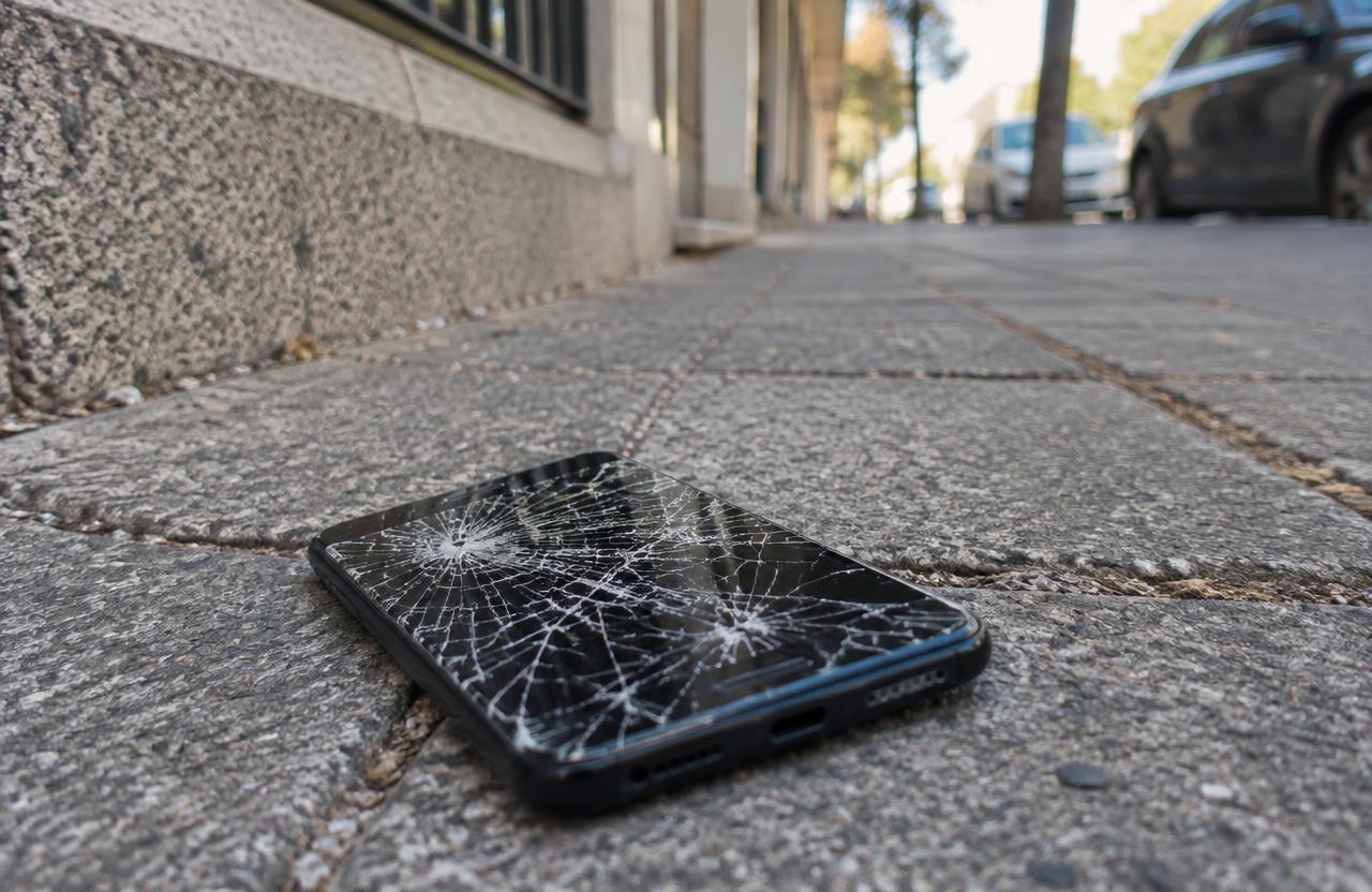 Teléfono con la pantalla destrozada en la acera