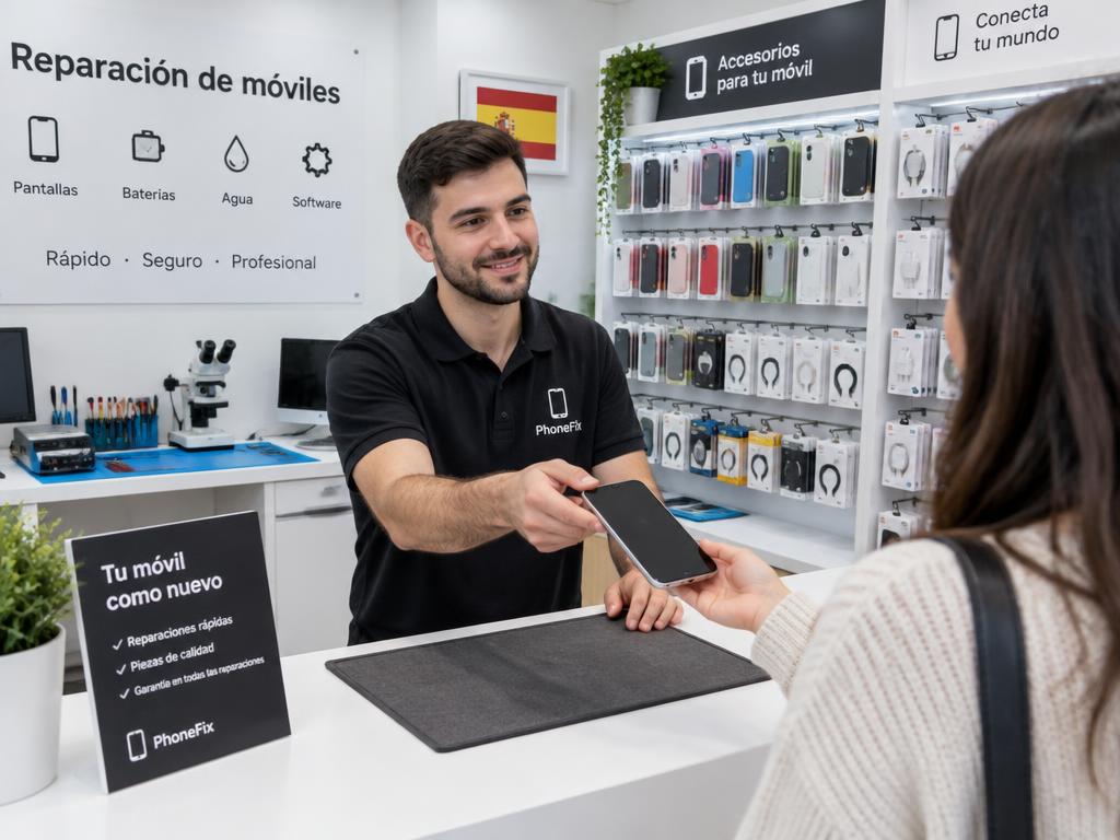 Entrega de un móvil reparado en el mostrador del taller